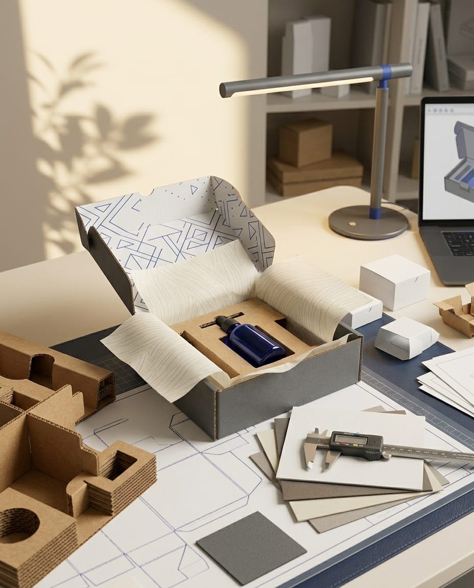 Packaging development desk with structural prototypes, samples and design tools