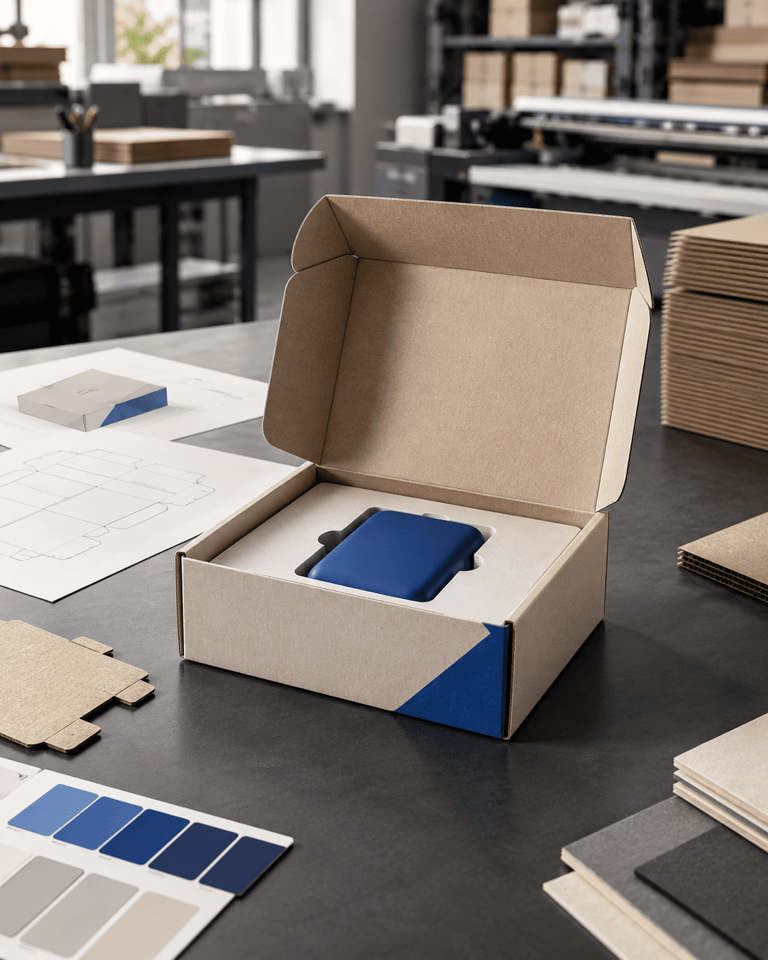 Custom packaging design and production sample on a packaging studio desk