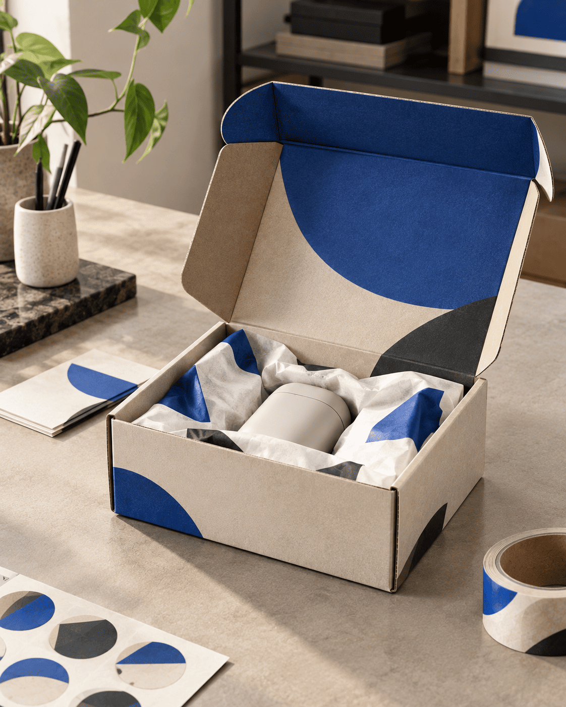 Open custom mailer box with printed interior and product inserts