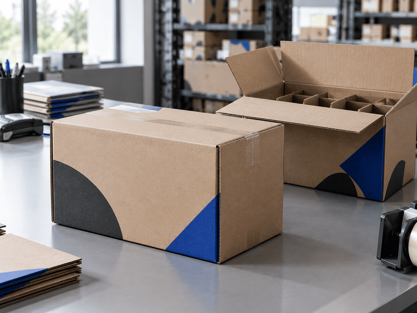 Custom corrugated shipping boxes with branded geometric print