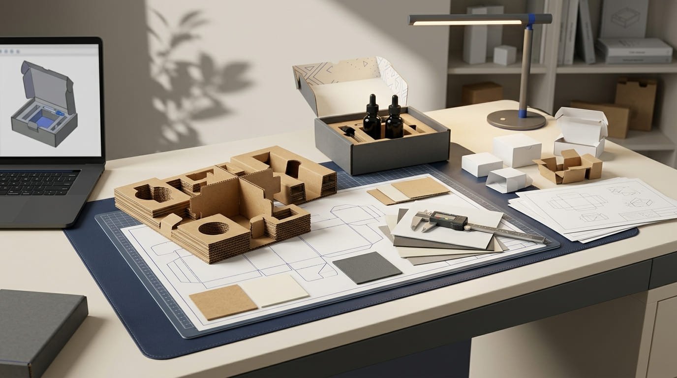 Packaging design workstation with dielines, prototypes and structural samples
