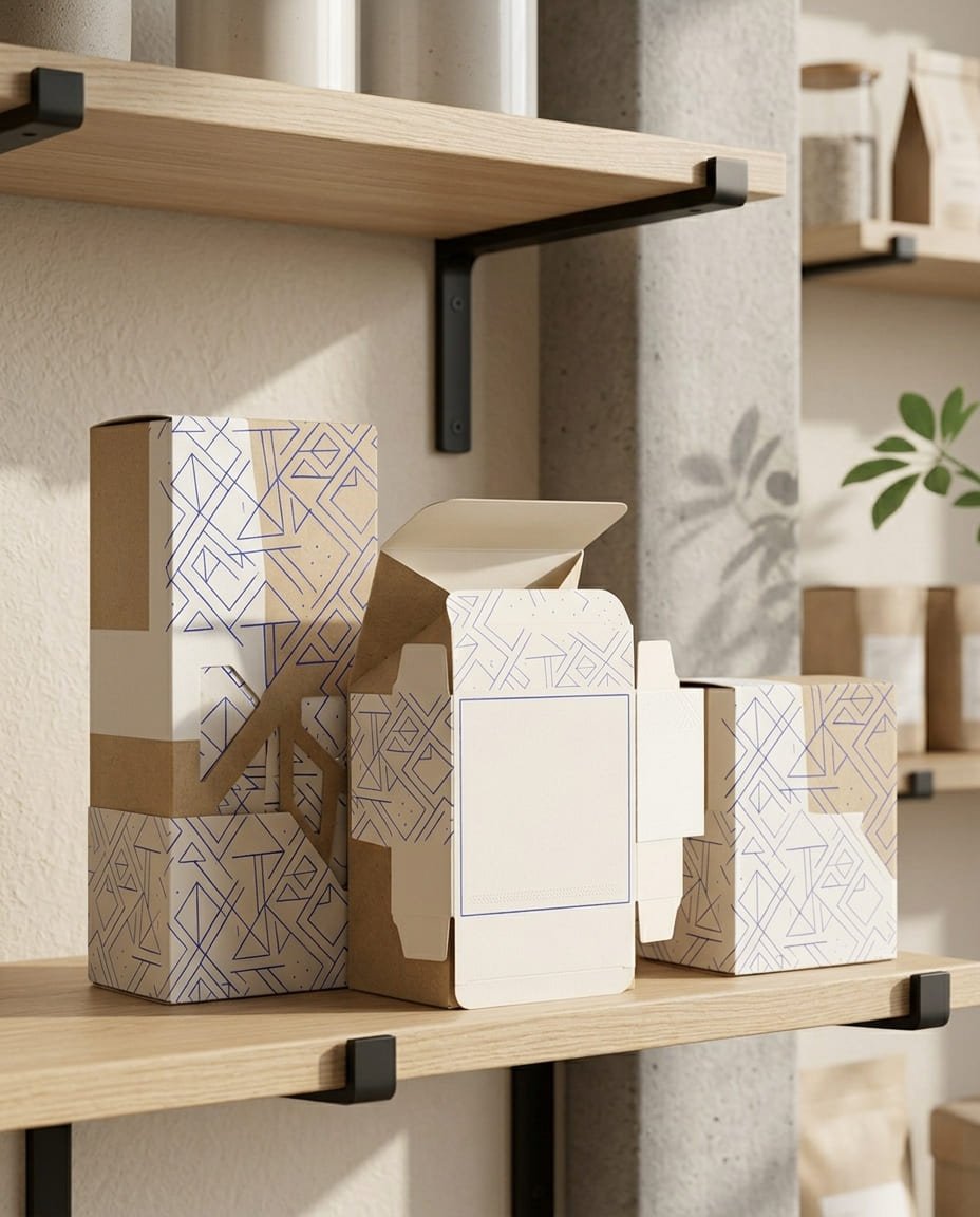 Coordinated custom retail product packaging displayed on shelving