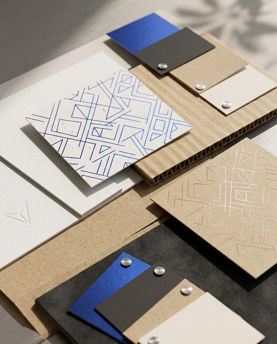 Packaging material samples showing paper textures, colors and print finishes